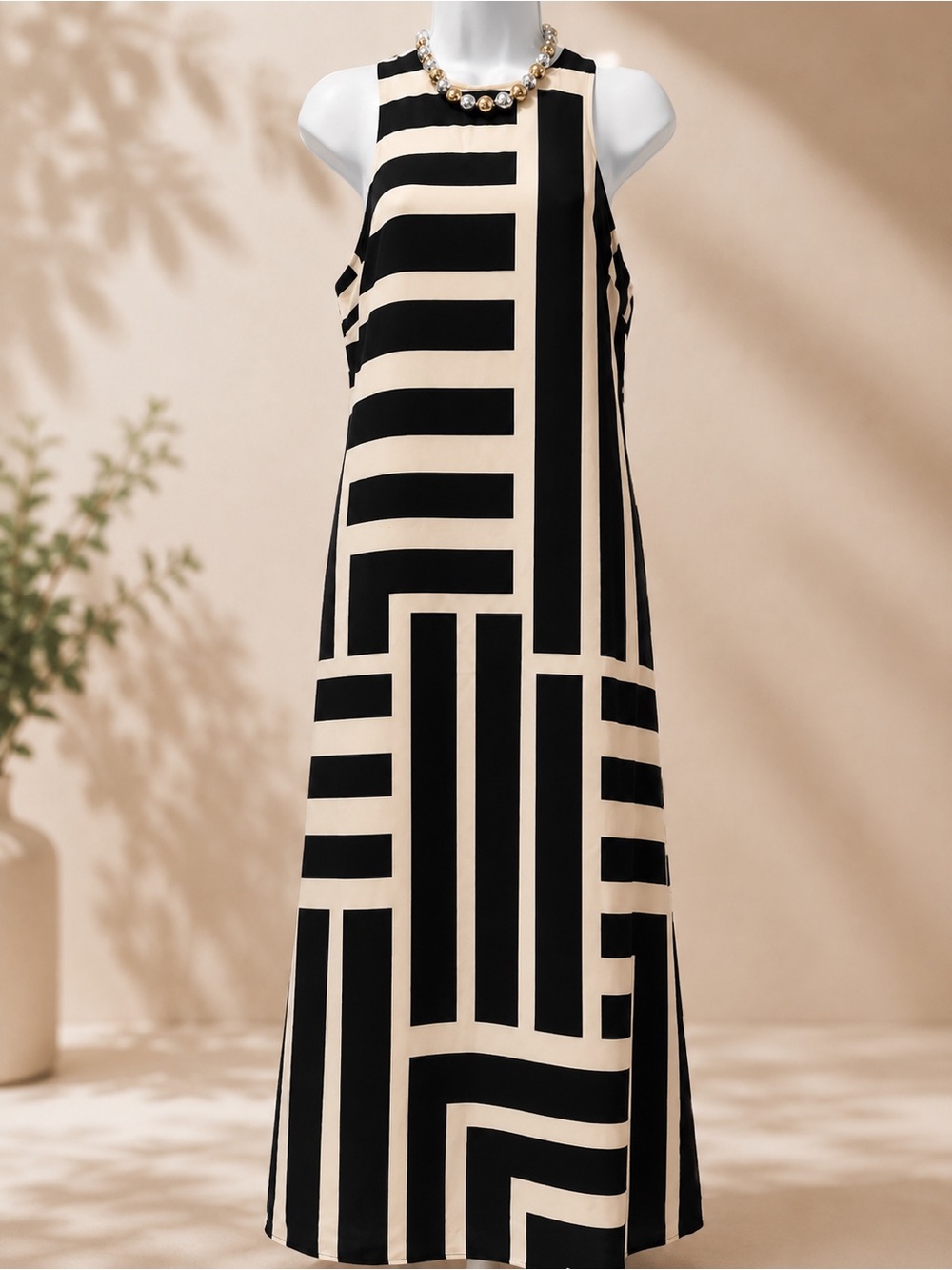 Donna Morgan - Sleeveless Black and Cream Geometric Maxi Dress (NWT)